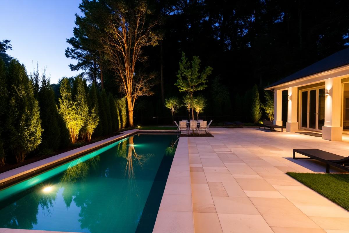 Travertine pool deck at dusk
